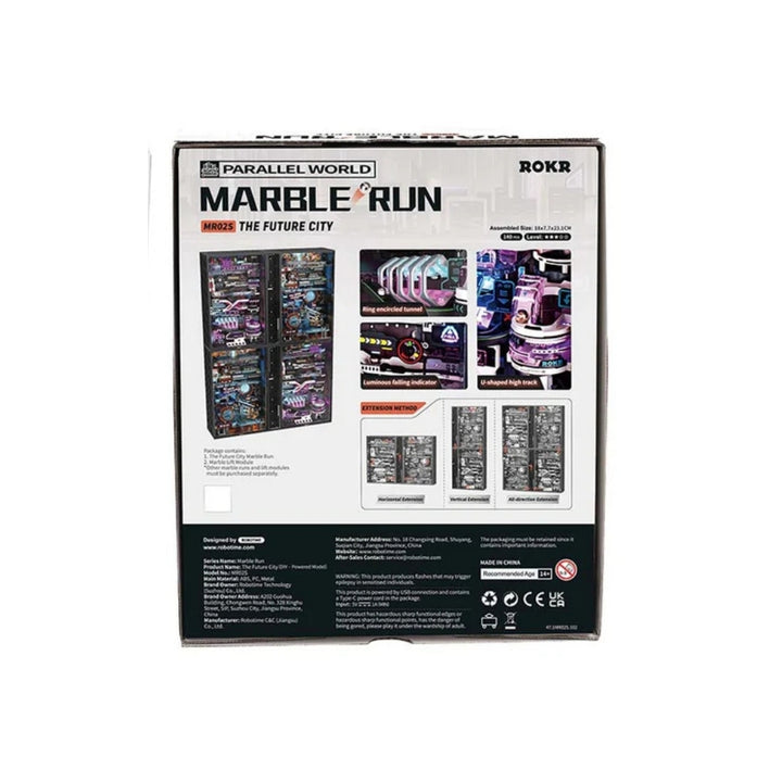Marble run game packaging with brand logos on a white background