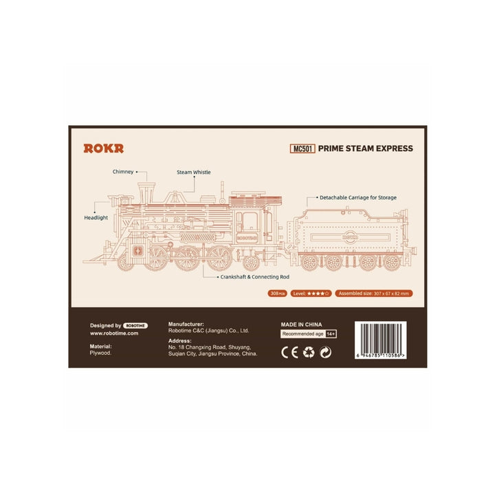 ROKR Prime Steam Express toy train packaging with technical diagram and branding on a beige background