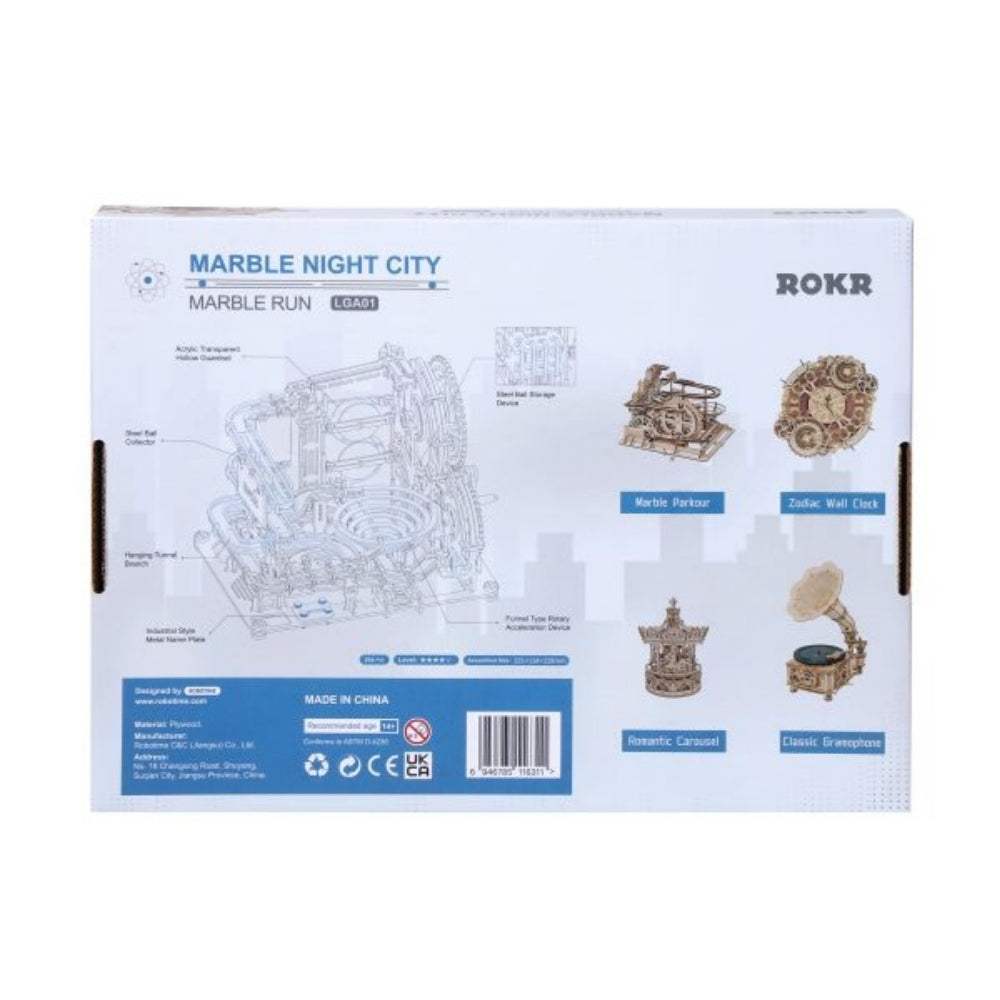 Box for a marble run set with illustrations and branding on a white background