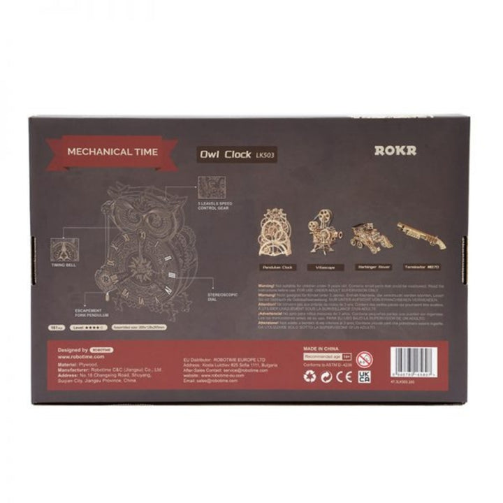 Back view of a ROKR owl clock packaging box with mechanical illustrations and branding.