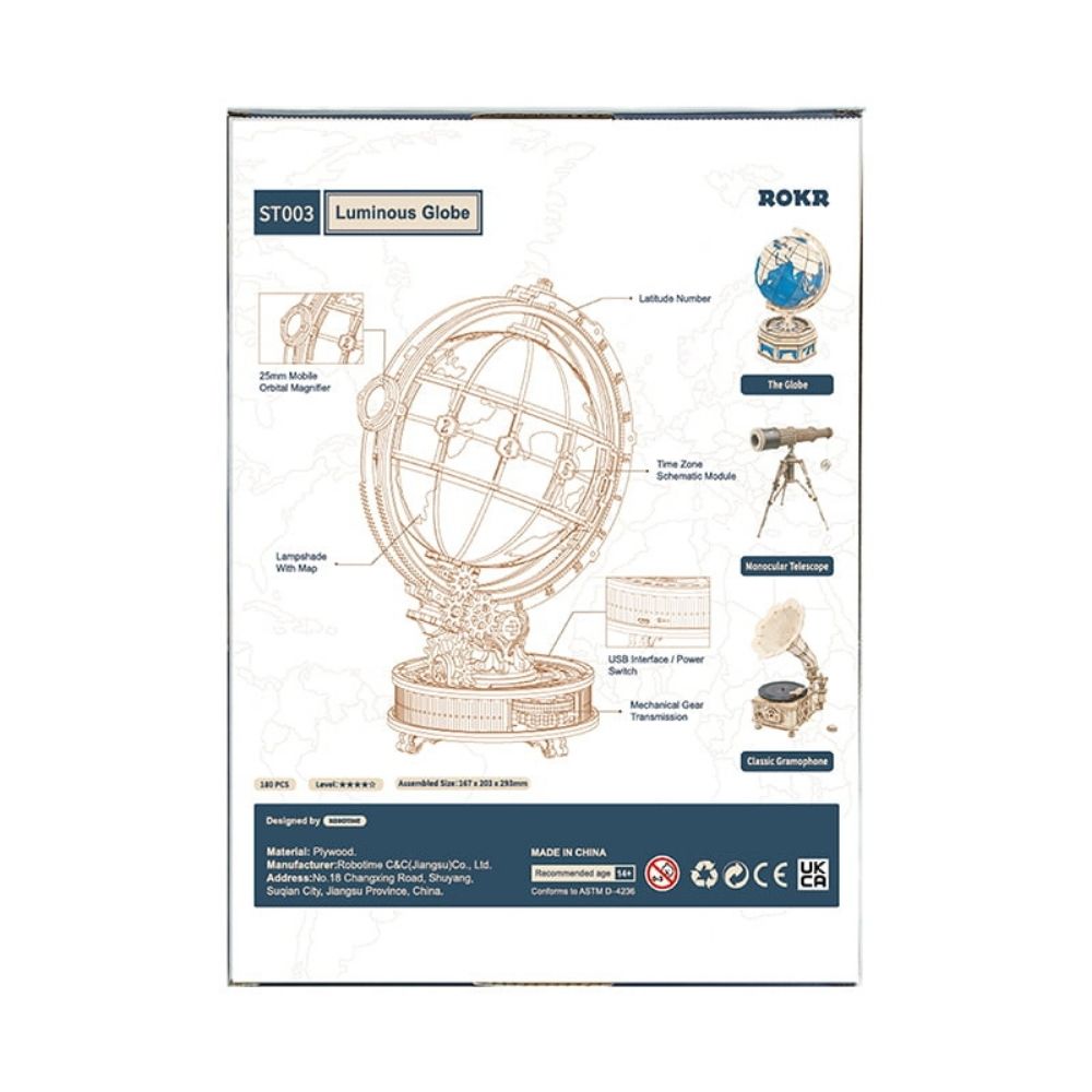 Package of ROKR Luminous Globe with technical diagram and product details.