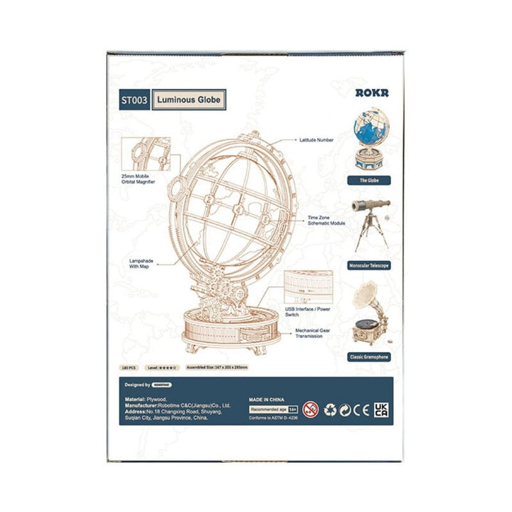 Package of ROKR Luminous Globe with technical diagram and product details.