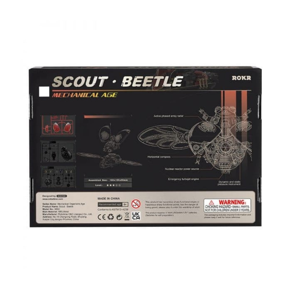 Box for ROKR Scout Beetle toy with technical illustrations and branding.