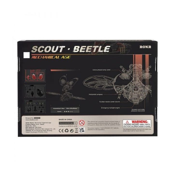 Box for ROKR Scout Beetle toy with technical illustrations and branding.