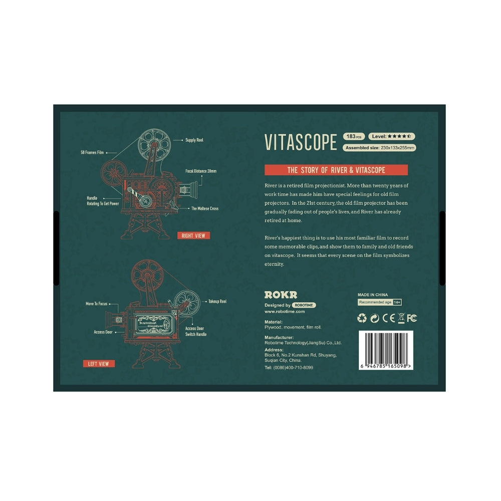 Back of a product packaging for Vitascope with technical diagram and branding details.