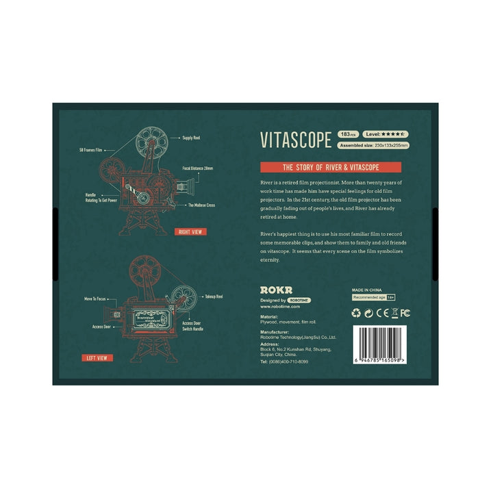 Back of a product packaging for Vitascope with technical diagram and branding details.