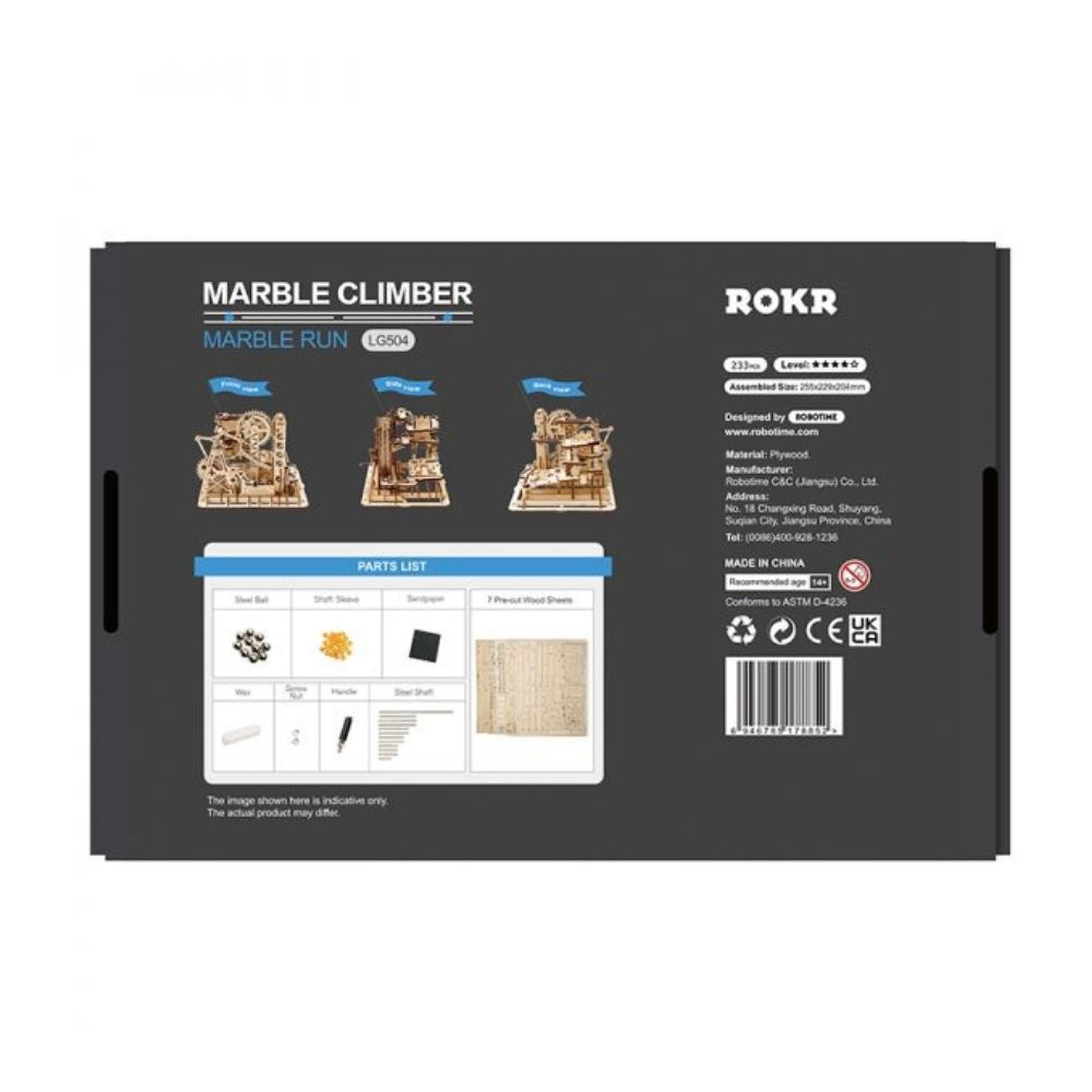 Back view of a 'Marble Climber' packaging with ROKR branding and product details.