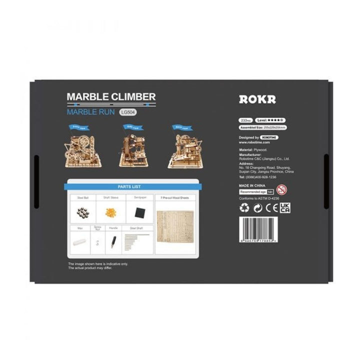 Back view of a 'Marble Climber' packaging with ROKR branding and product details.
