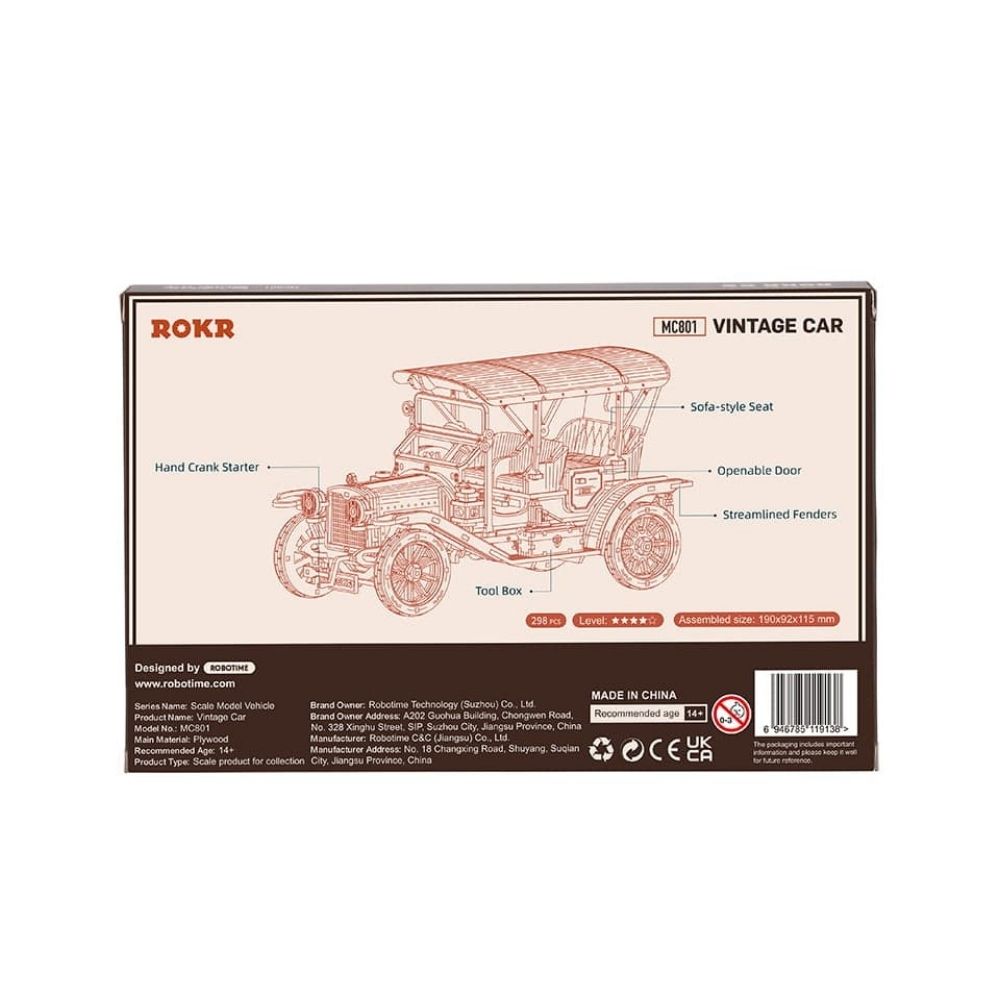 Vintage car model packaging with ROKR branding on a beige background