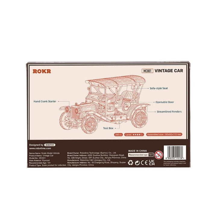 Vintage car model packaging with ROKR branding on a beige background