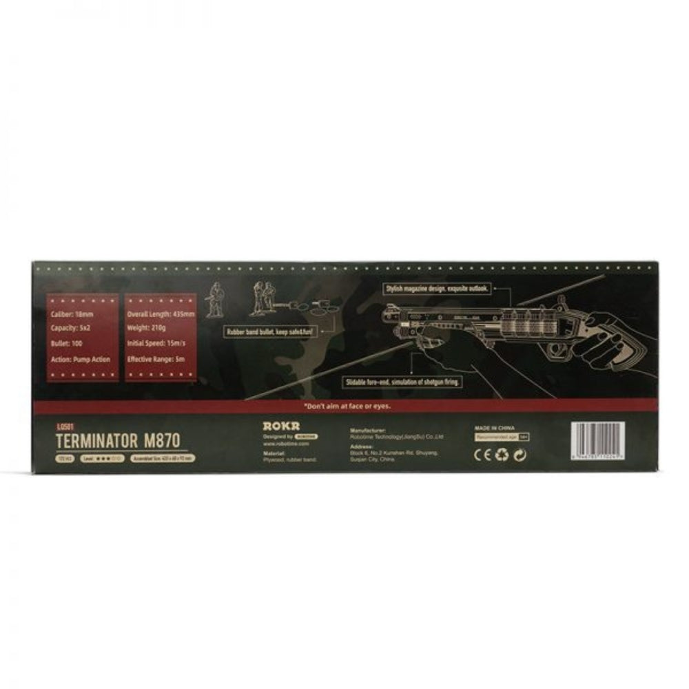 Product packaging for a gun with text and graphics on a black background