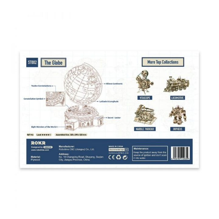 Back of a product packaging featuring a wooden globe model and other collectibles with ROKR branding.
