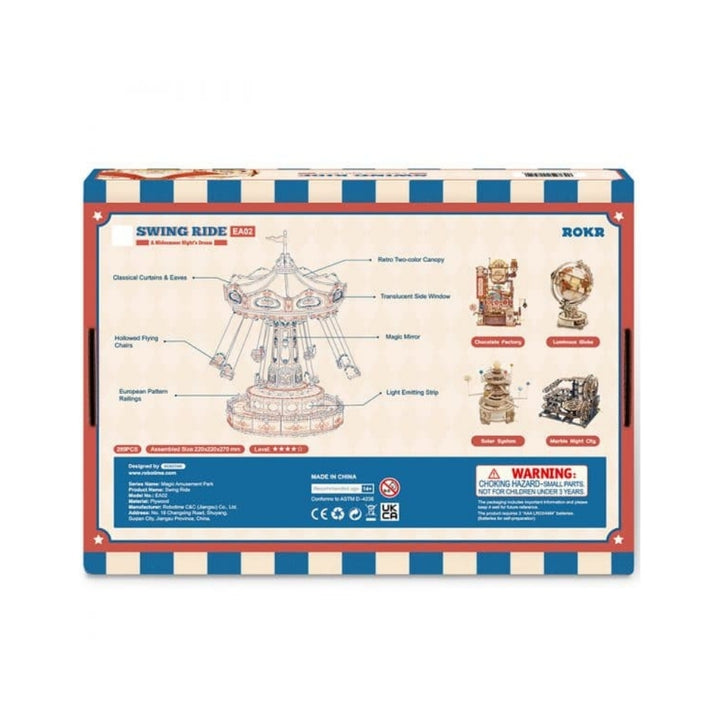 Box of a 'Swing Ride' model kit by ROKR with illustrations and text on a white background.