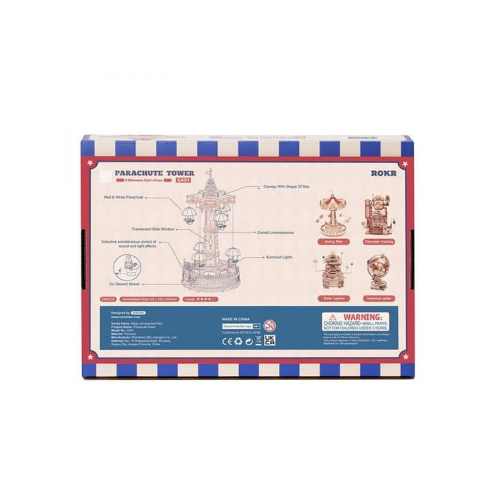 Box for a model kit with parachute tower design on a white background