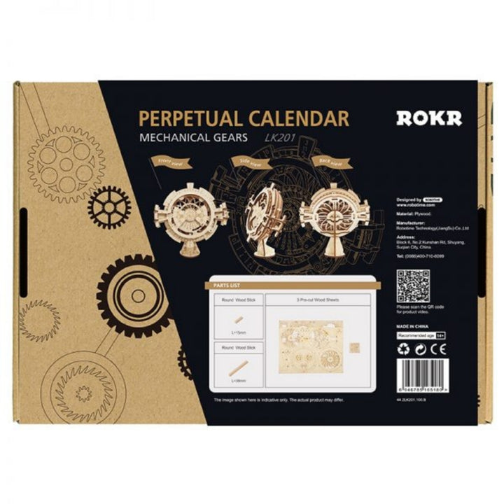Perpetual calendar packaging with mechanical gear design and ROKR branding.