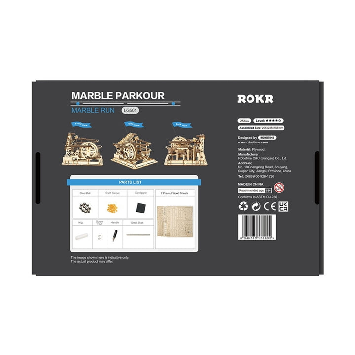 Back of a ROKR marble parkour packaging with product images and text.